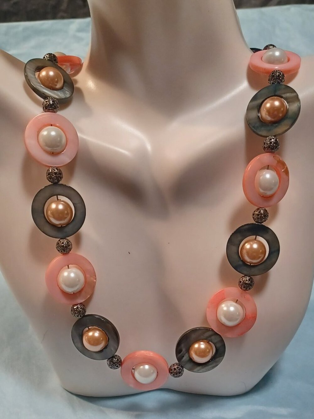 Rings of Saturn - Mother of Pearl, Pearl & Gunmetal Silver Plated Filigree beads